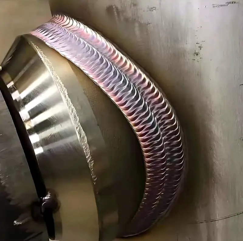 Saldatura circolare con le tipiche ondulazioni su un raccordo in acciaio